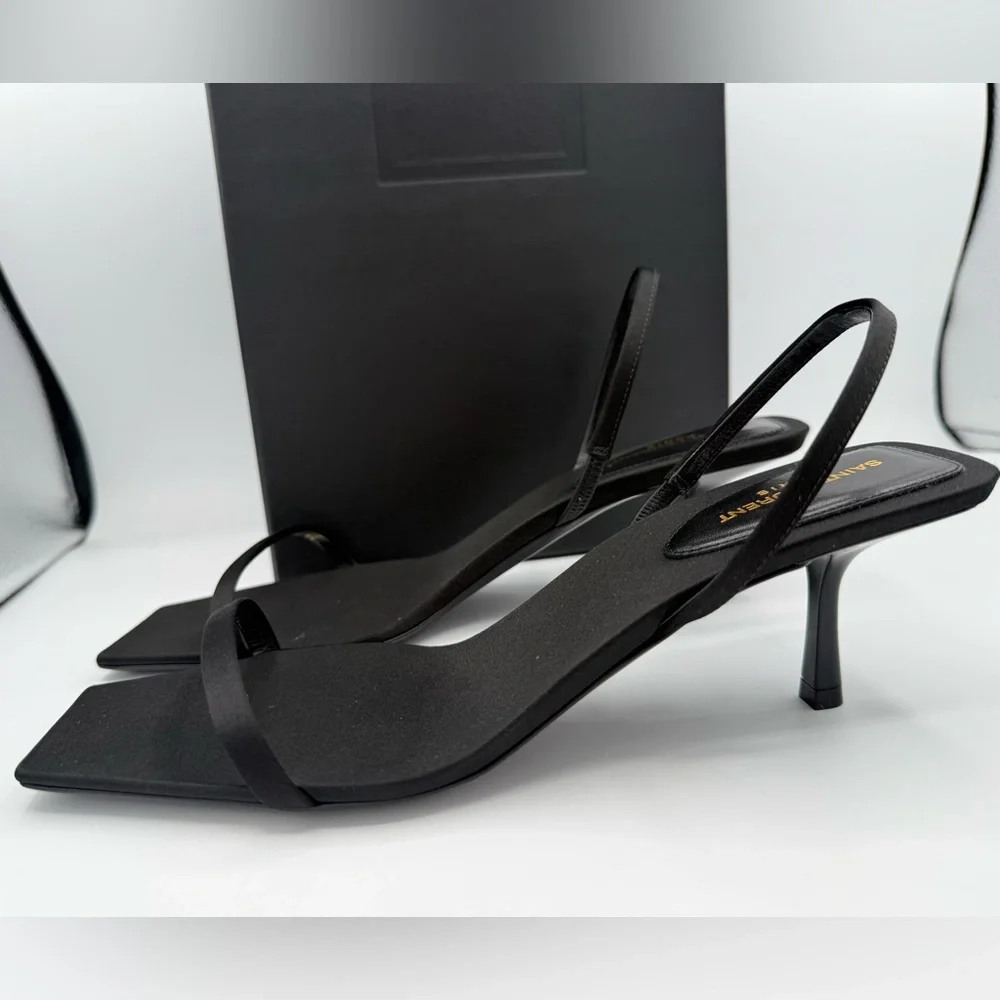 Saint Laurent Black Slim-Strap Square-Toe Sandals - Picture 3 of 7